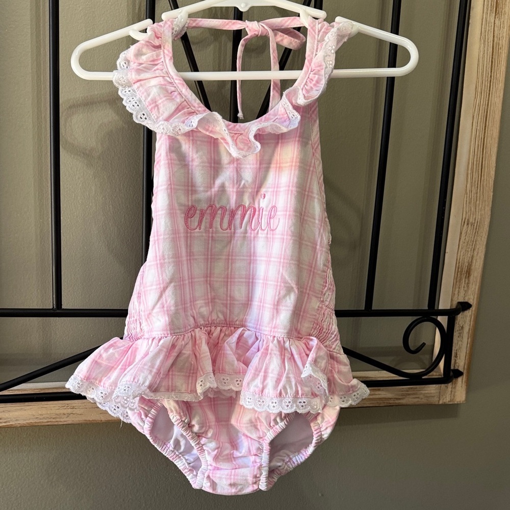 Plaid Ruffled Baby Swimsuit Emmie 12 m smocked threads Cecil and Lou monogrammed